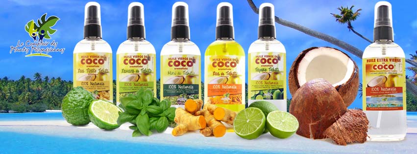 Gamme des huiles Extra-Vierges de Coco du Comptoir des Plantes Polynésiennes* Les références aromatisées sont en quantité limitée.