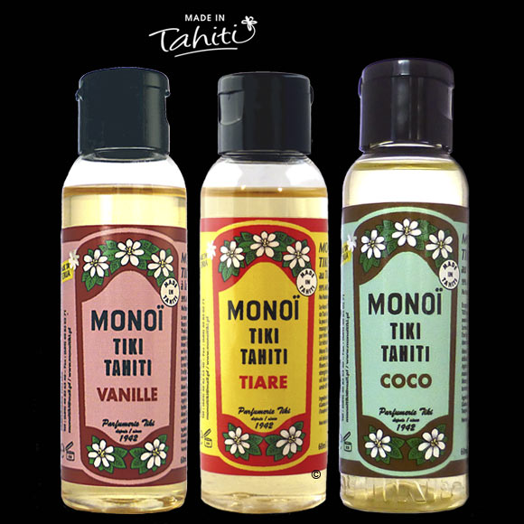 Ces Monoï Tiki Tahiti en flacons nomades 60 ml sont fabriqués à Tahiti-Faaa par la Parfumerie Tiki depuis 1942.