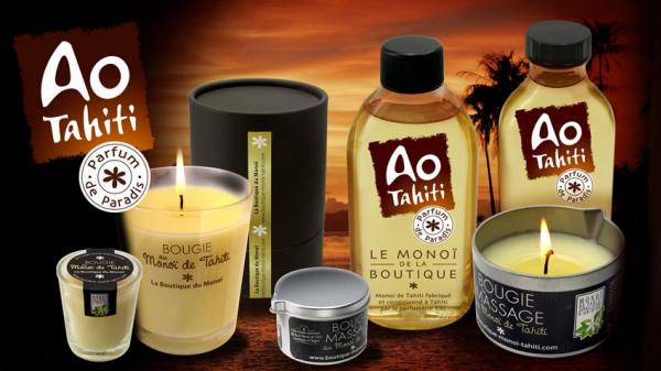 Ao Tahiti, Le Monoï de La Boutique, vient compléter la gamme des bougies et bougies de massage au Monoï de Tahiti Appellation d'Origine, avec son parfum de Paradis.