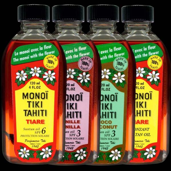Ces Monoï Tiki Tahiti 120 ml sont fabriqués à Tahiti-Faaa par la Parfumerie Tiki depuis 1942. Cette offre vous permet de bénéficier de la collection des Monoï Rouges.
