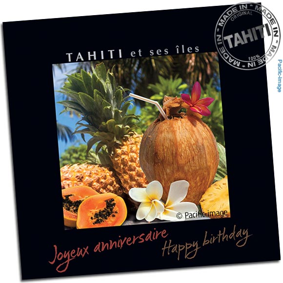 Elégante carte format carré accompagnée de son enveloppe et entièrement réalisée à Tahiti par Pacific-Image.
