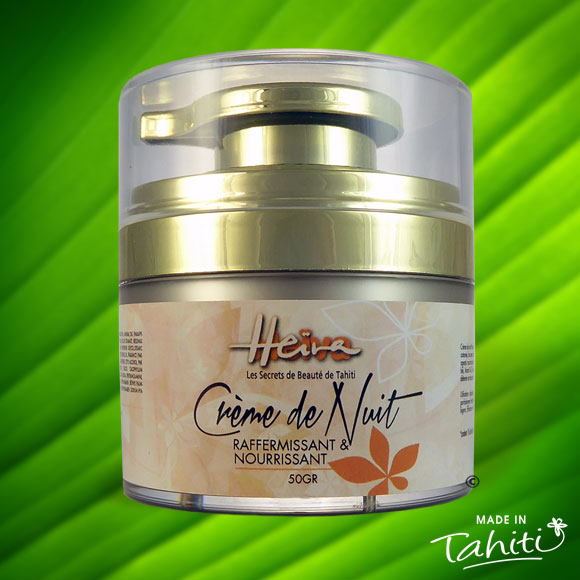 La crème de Nuit Visage Heiva est fabriquée à Tahiti par la Savonnerie de Tahiti. Crème nourrissante et raffermissante pour lutter contre la sécheresse cutanée, les peaux dévitalisées et atones.