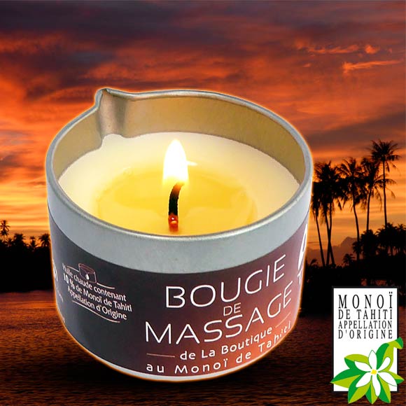 Cette Bougie de Massage contient du véritable Monoï de Tahiti Appellation d'Origine. 95 % de ses ingrédients sont d'origine naturelle.
