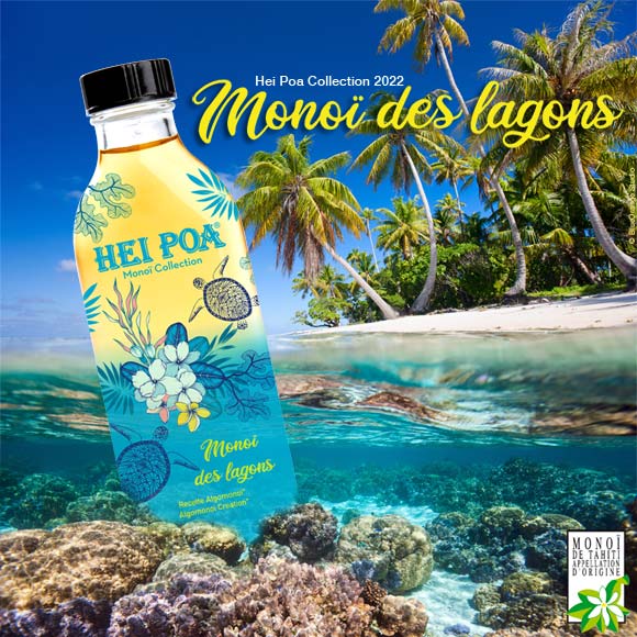 Monoi des Lagons Hei Poa Double macération dans l'huile de Coco, de Fleurs de Tiare Tahiti et d'Algues Turbinaia Ornata, riches en oligo-éléments reminéralisants.