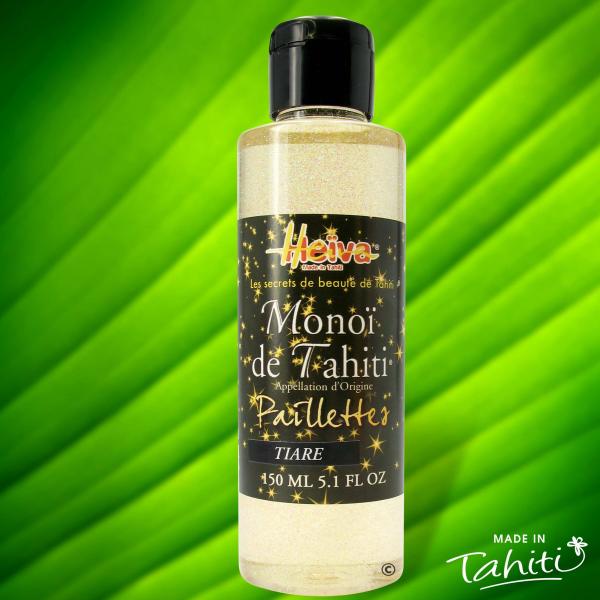Appréciez l'originalité Paillettes Effet Glamour et la pureté à 99% de ce Monoï authentique Heiva Tahiti en flacon 150 mL.