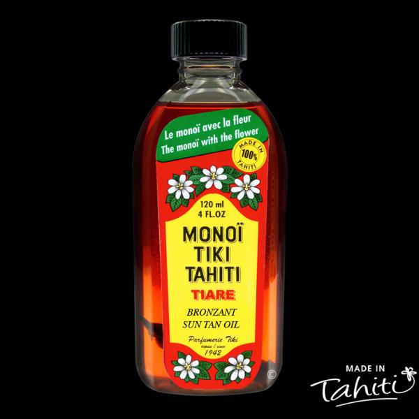 Le Monoï rouge pour la plage ! Ce Monoï Tiki Tahiti 120 ml parfum Tiaré enrichi d'un léger filtre solaire SPF 3 est fabriqué à Tahiti-Faaa par la Parfumerie Tiki depuis 1942.