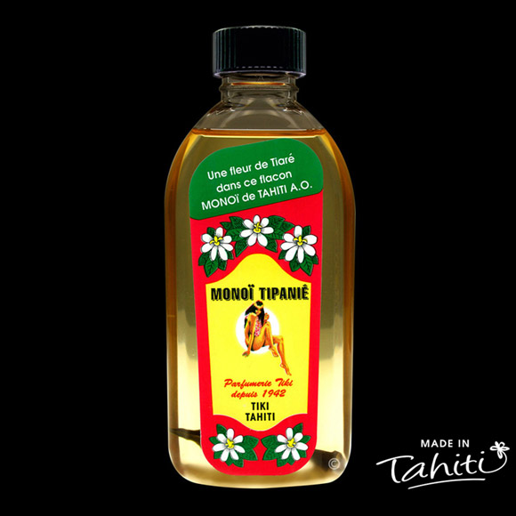 Tipanie ! Un grand classique polynésien ! Ce Monoï Tiki Tahiti 120 ml parfum Frangipanier est fabriqué à Tahiti-Faaa par la Parfumerie Tiki depuis 1942.