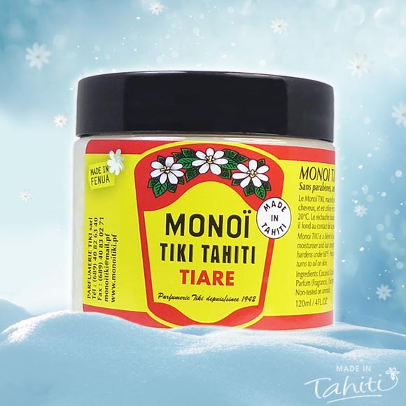 L'Original avec la fleur de Tiare Tahiti en pot pour l'hiver, une fois l'huile figée. Ce Monoï Tiki Tahiti 120 mL parfum Tiaré est fabriqué à Tahiti-Faaa par la Parfumerie Tiki depuis 1942.