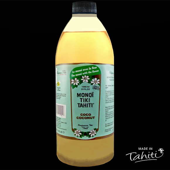 Noix de Coco sur la peau ! Ce Monoï Tiki Tahiti parfumé Coco est fabriqué à Tahiti-Faaa par la Parfumerie Tiki depuis 1942 et s'offre désormais en bouteille Spa Pro avec pompe et fermeture.