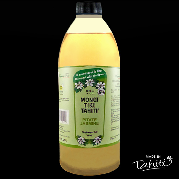 Pitaté, le Jasmin polynésien ! Ce Monoï Tiki Tahiti est fabriqué à Tahiti-Faaa par la Parfumerie Tiki depuis 1942 et s'offre désormais en bouteille Spa Pro.