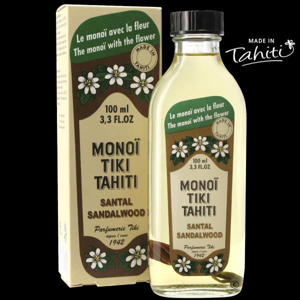 La puissance du Santal boisé des Marquises ! Un grand classique polynésien en flacon verre ! Ce Monoï Tiki Tahiti 100 ml parfum Santal est fabriqué à Tahiti-Faaa par la Parfumerie Tiki depuis 1942. Cadeau idéal !