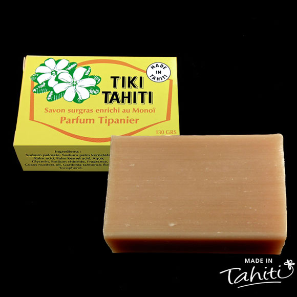 Savon Surgras enrichi au Monoï Tiki Tipanie fabriqué par la Parfumerie Tiki à Tahiti