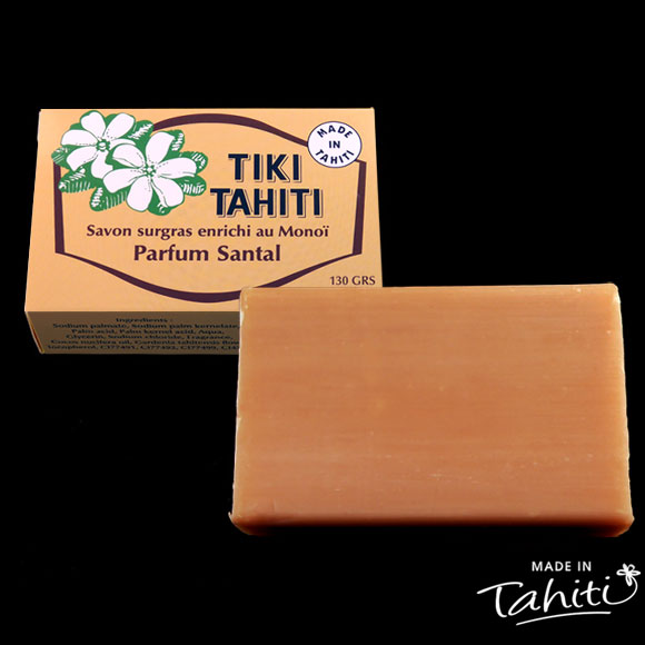 Nouveau Savon Surgras enrichi au Monoï Tiki Santal fabriqué par la Parfumerie Tiki à Tahiti