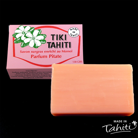 Savon Surgras enrichi au Monoï Tiki Jasmin Pitate fabriqué par la Parfumerie Tiki à Tahiti
