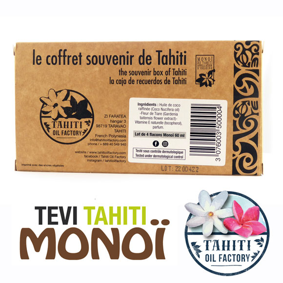 La Boutique du Monoï a sélectionné pour vous La Tropical Mix Box Ecolo by Tevi Tahiti contenant 4 Monoï Tevi Tahiti 60 mL.