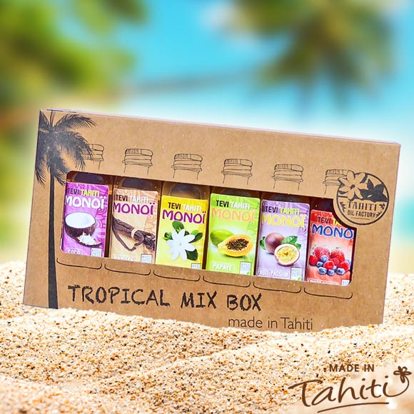 La Boutique du Monoï a sélectionné pour vous La Tropical Mix Box Ecolo by Tevi Tahiti contenant 6 Monoï Tevi Tahiti 30 mL.